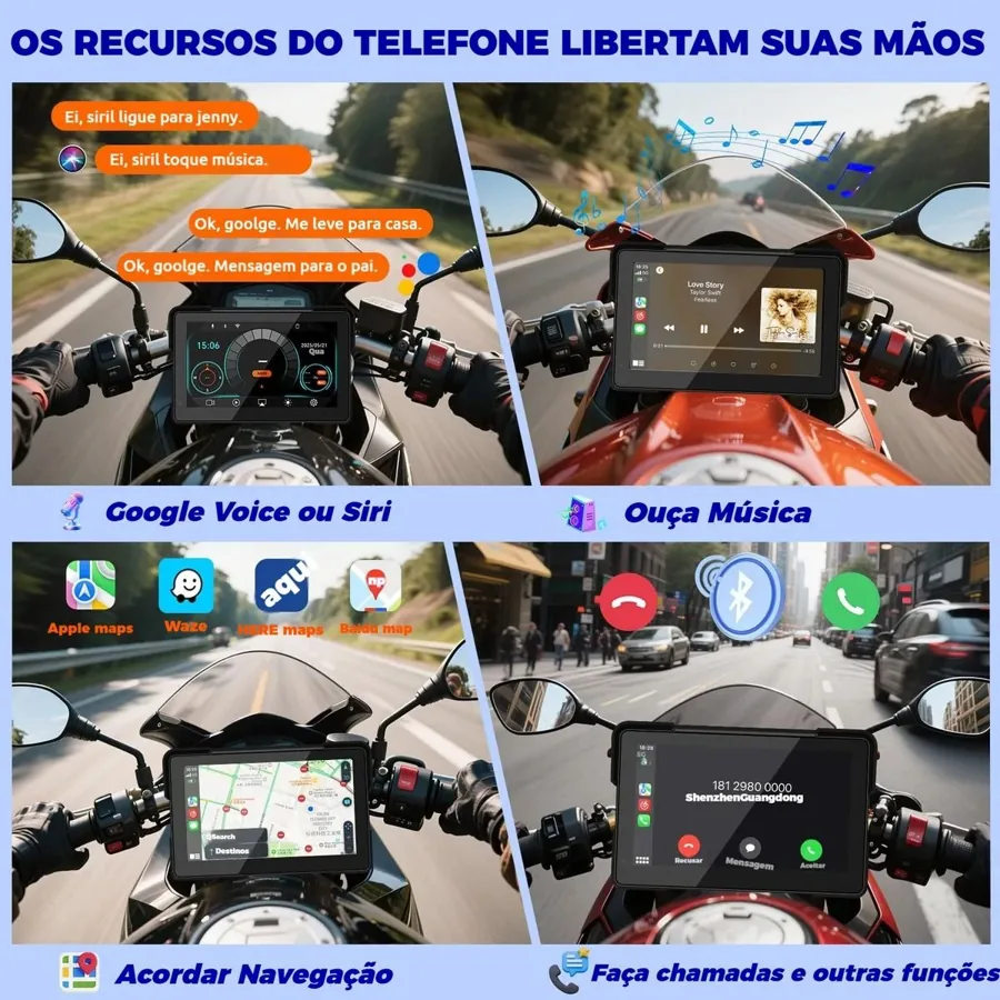 Tela De Navega��o Moto 7 CarPlay IPS C�mera Dupla IP67 � Prova D'�gua