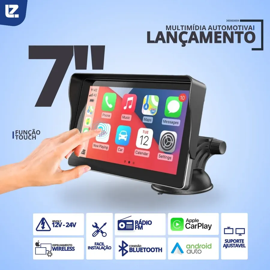 Multim�dia M�os Livres Tela Port�til 7 Pol CarPlay Android Auto Bluetooth